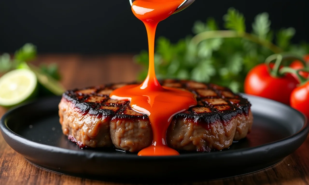 Molho de cubiu sendo derramado sobre um bife grelhado, com especiarias brasileiras.