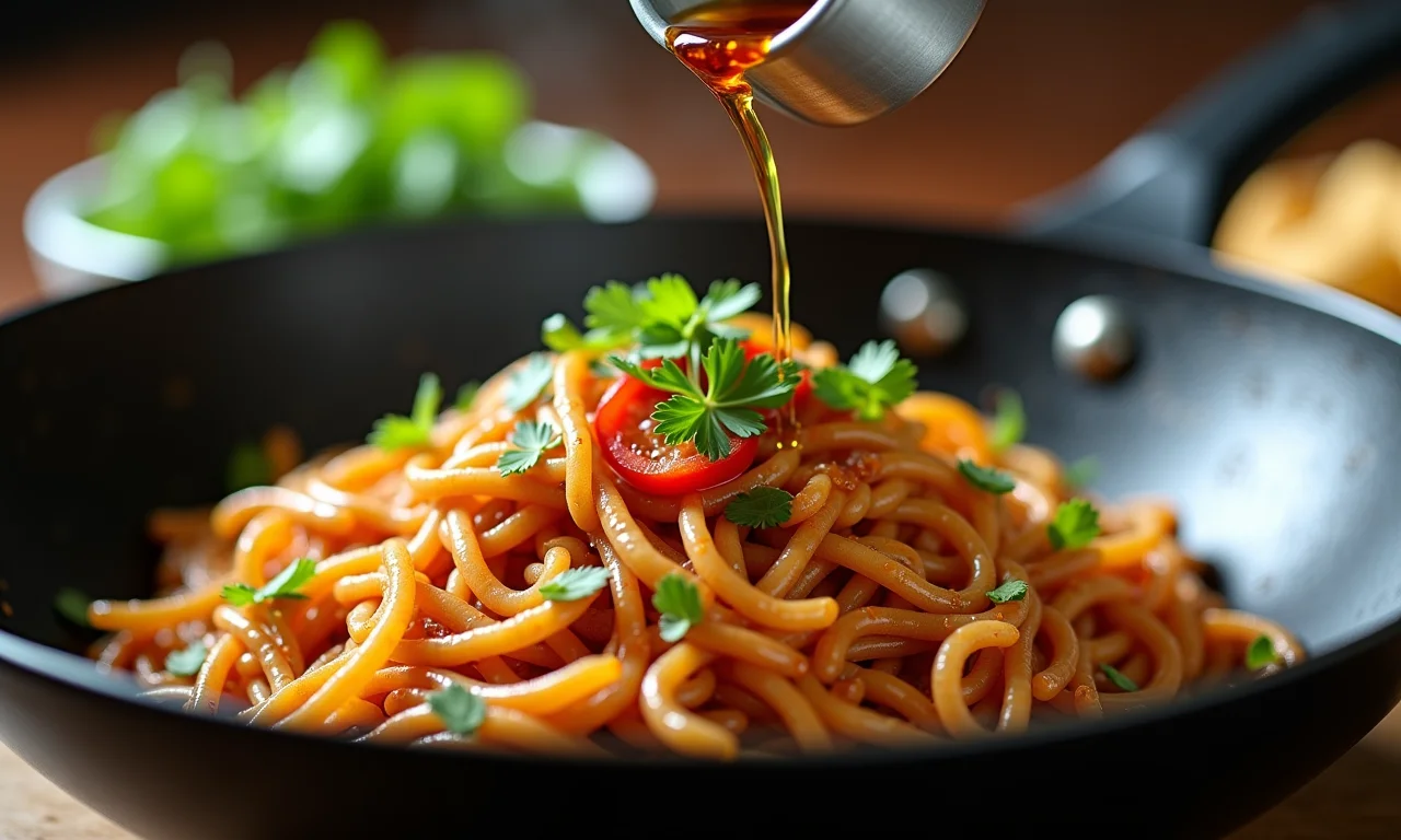 Molho de soja sendo adicionado ao nasi goreng.