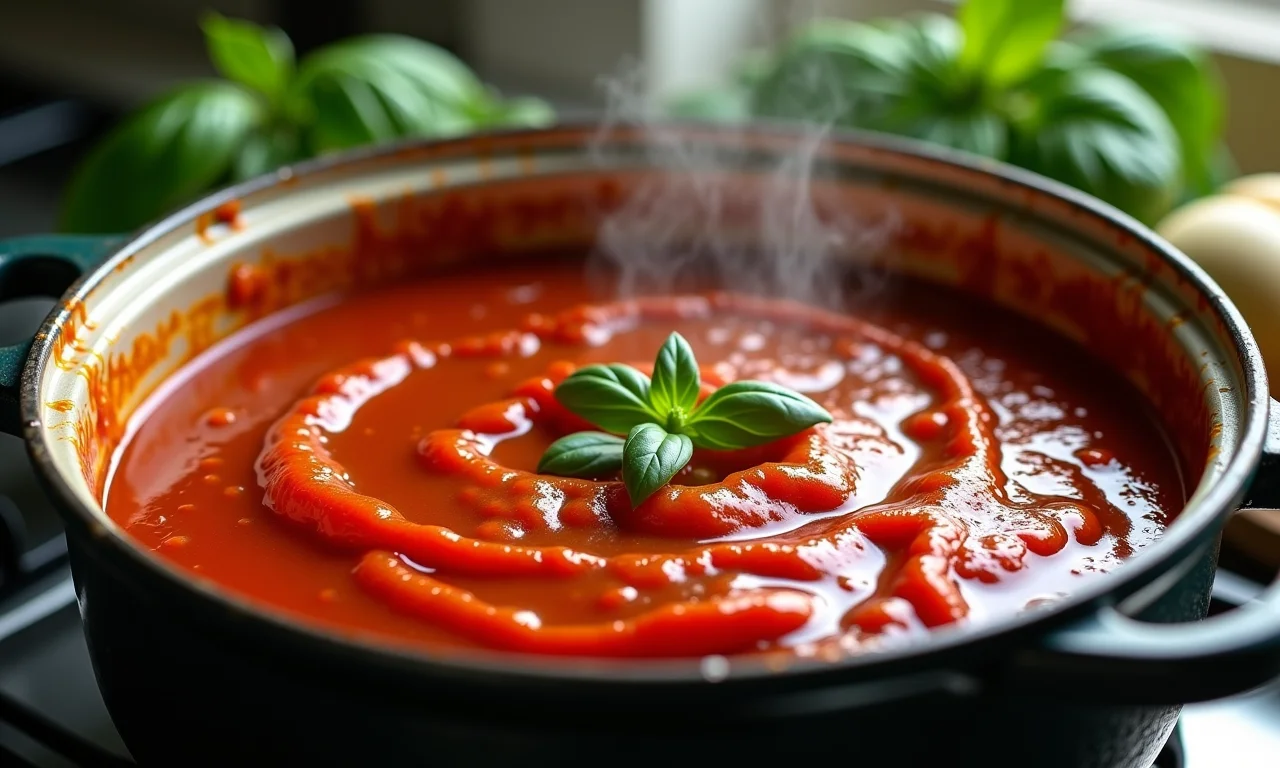 Molho de tomate caseiro borbulhando no fogão.