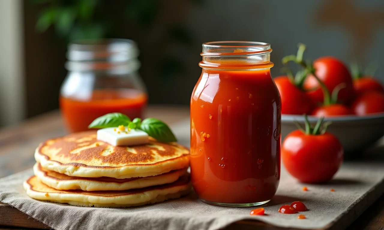 Molho de tomate caseiro em um pote de vidro ao lado de uma panqueca.