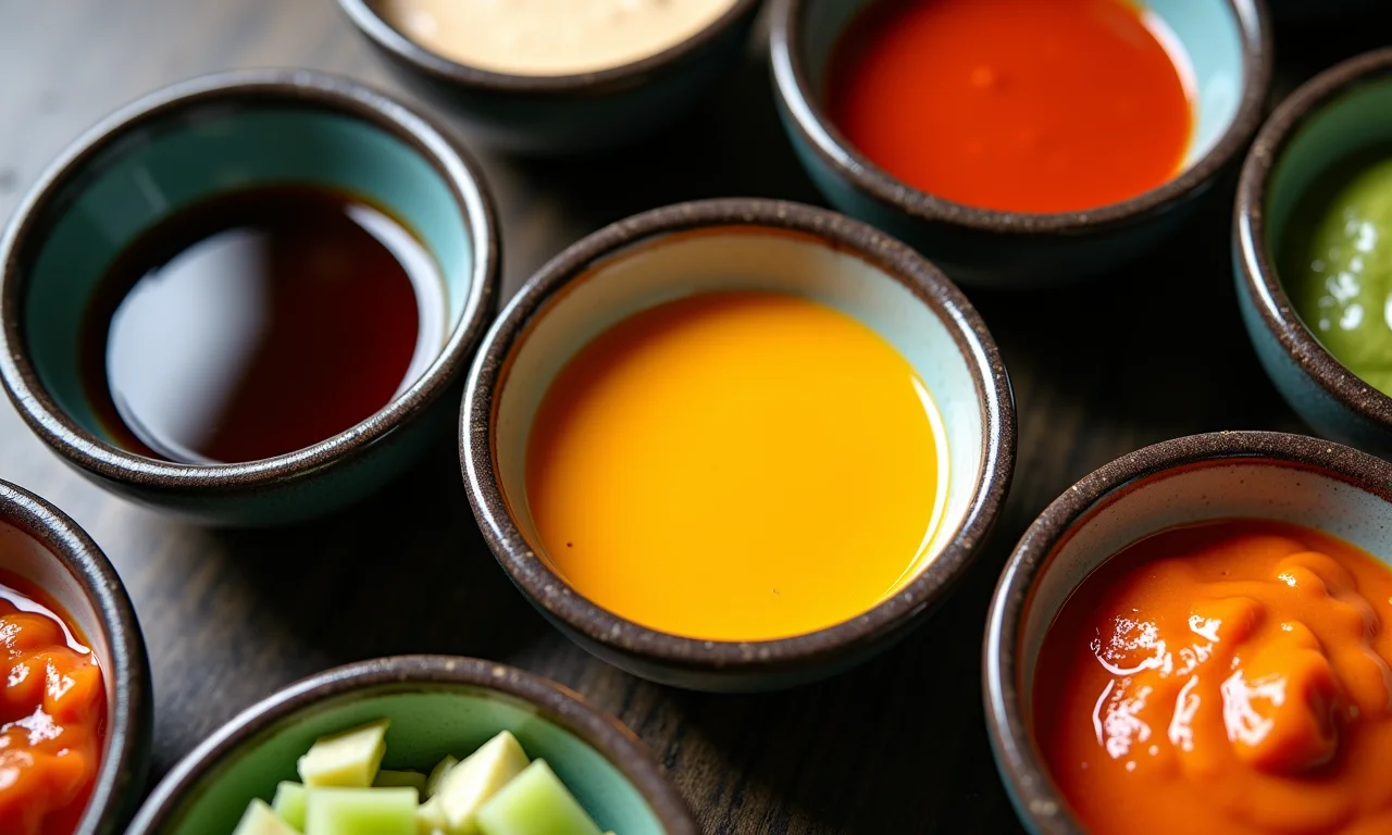 Molhos variados para temperar poke.