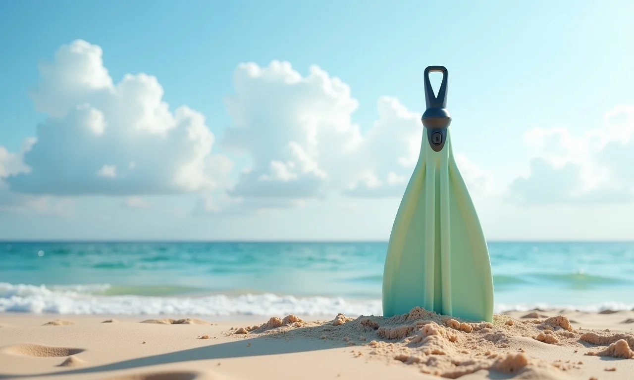 Monofin de polipropileno resistente exibida em uma praia ensolarada.