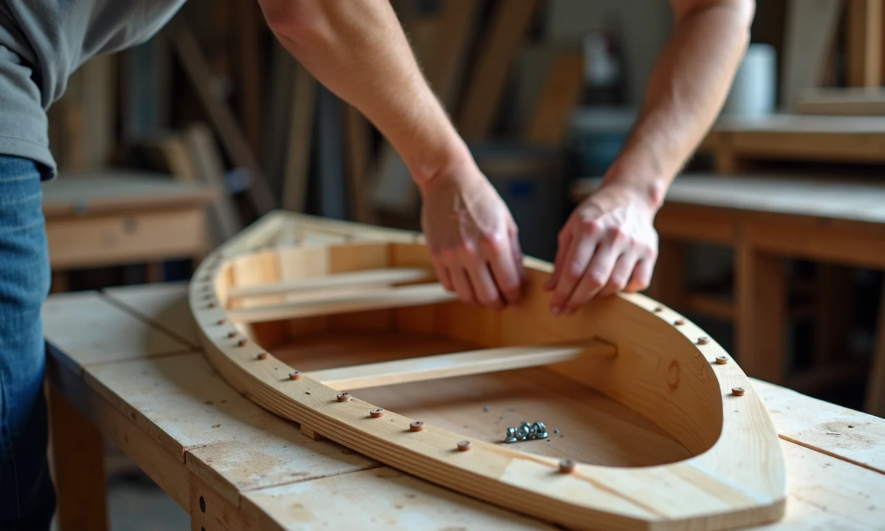 Montagem da estrutura de uma gôndola de madeira.