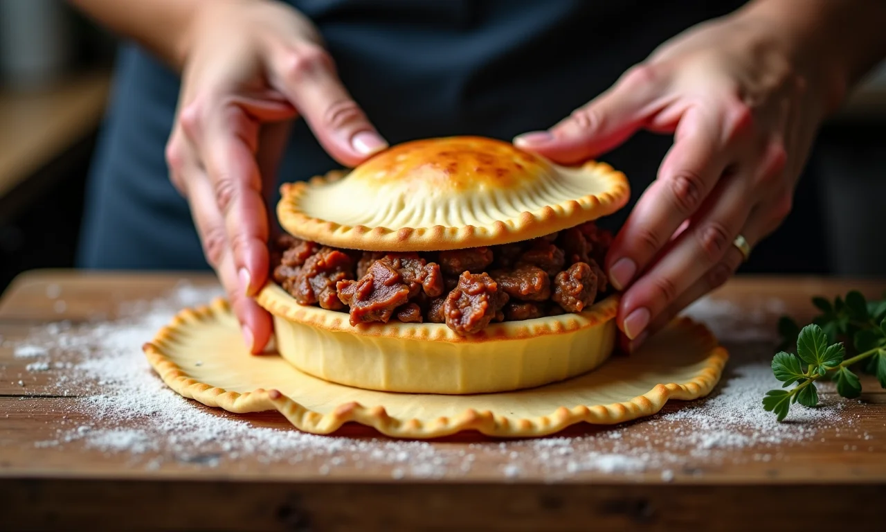 Montagem da torta de carne passo a passo.