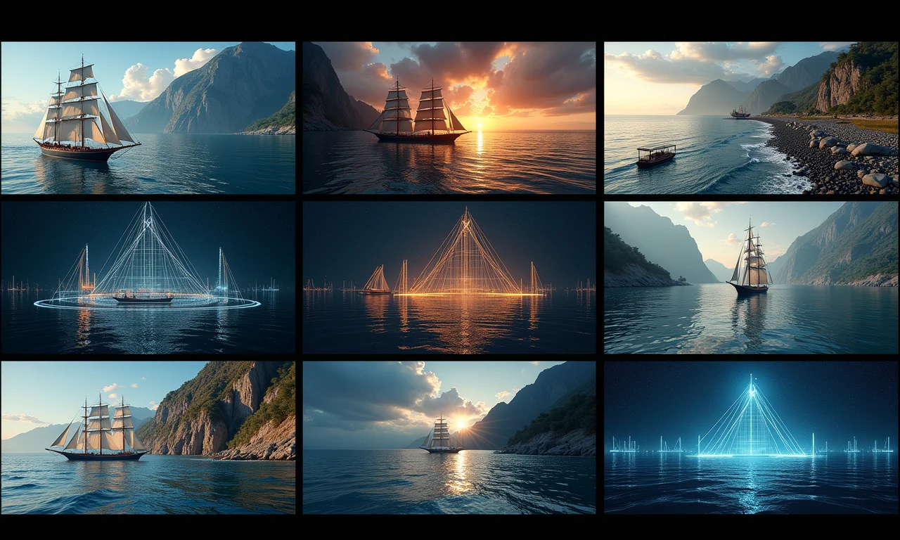 Montagem mostrando o Teorema de Pitágoras aplicado em navegação, construção e computação gráfica.