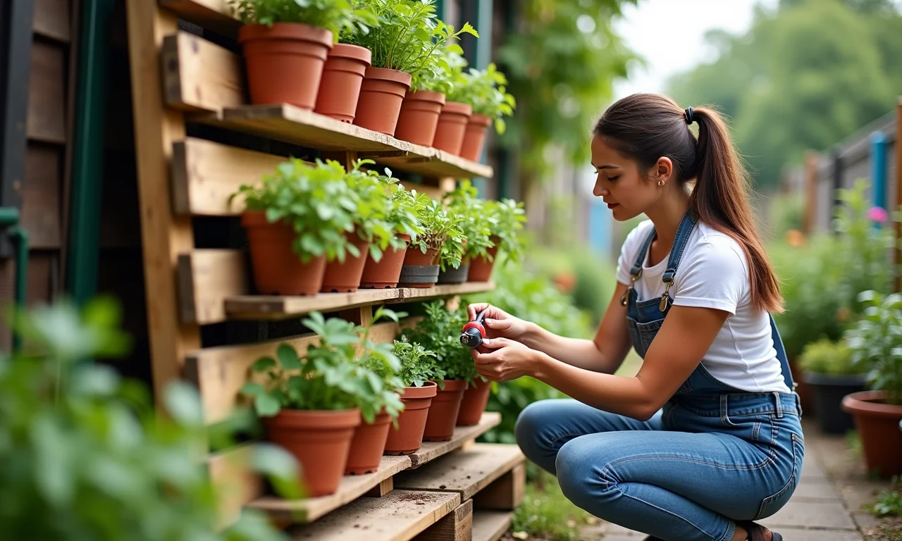 Montando a estrutura do jardim vertical no pallet: fixando vasos e suportes.
