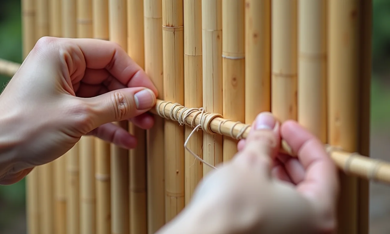 Montando cortina de bambu.