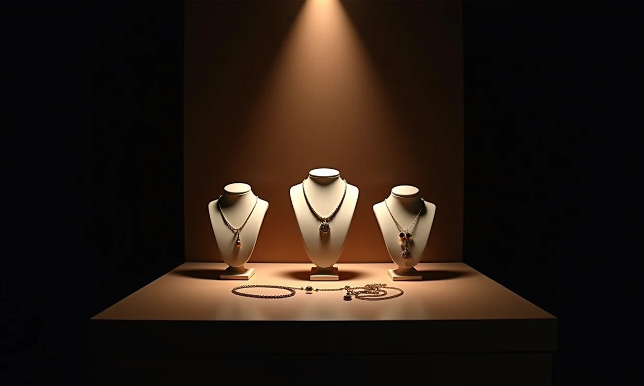 Mostruário de joias bem iluminado com foco nos colares.