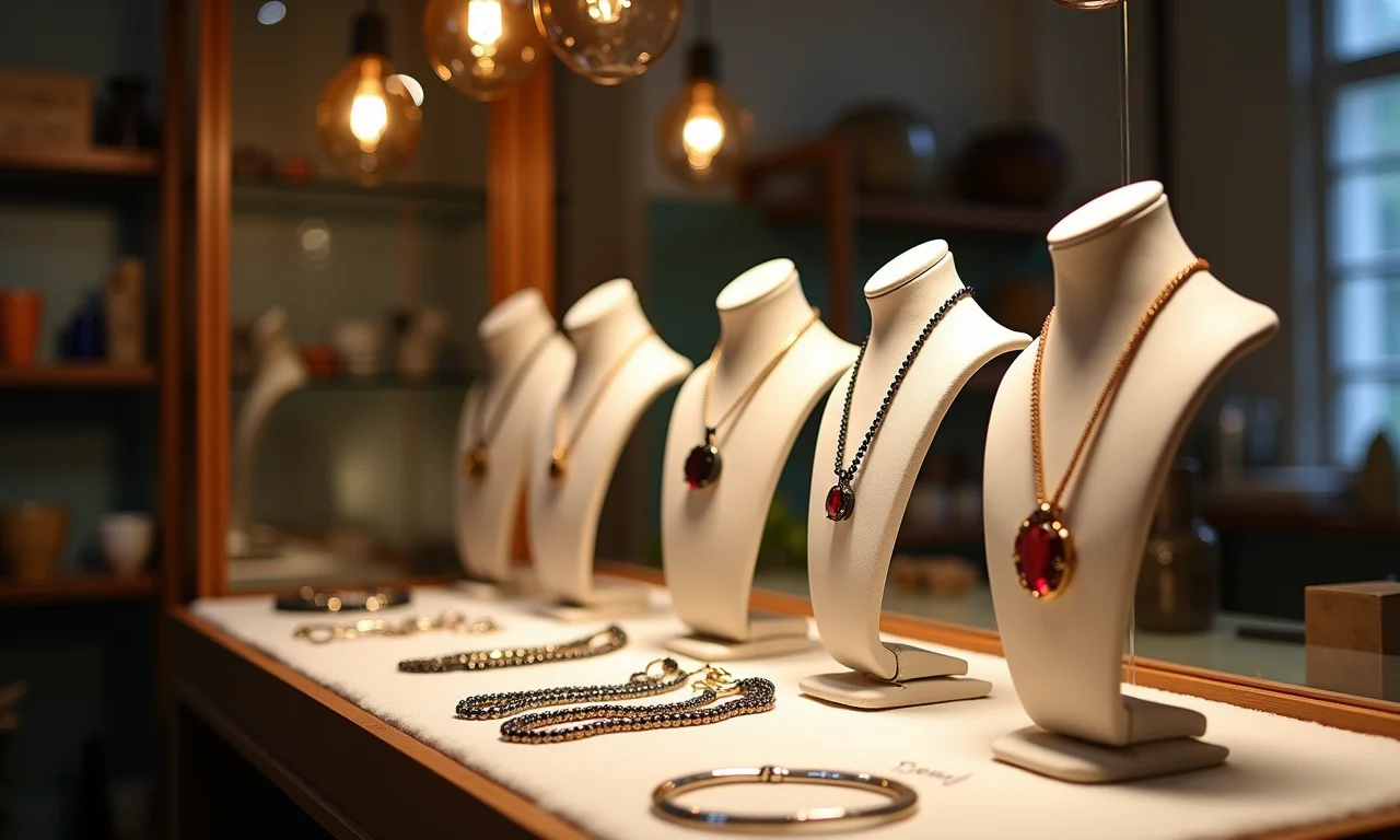 Mostruário de joias com estilo moderno e luz natural.