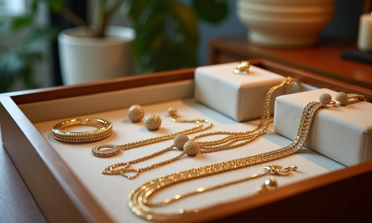 Mostruário de joias impecável com design elegante e iluminação suave.