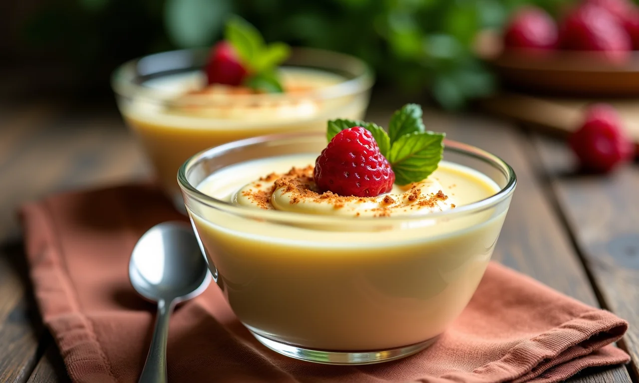 Mousse cremoso de sete-capotes em uma tigela de vidro, decorado em estilo Farm Rio.