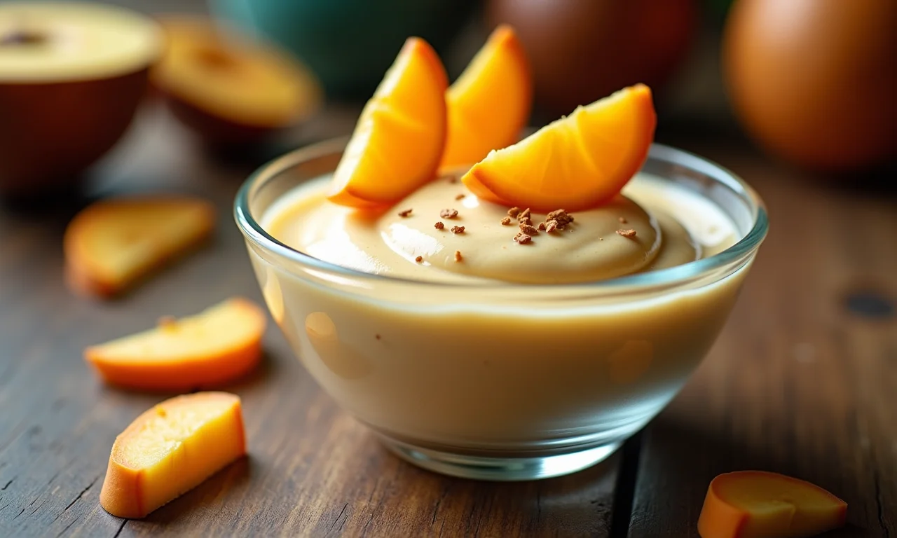 Mousse de cajá em tigela de vidro com fatias de cajá.