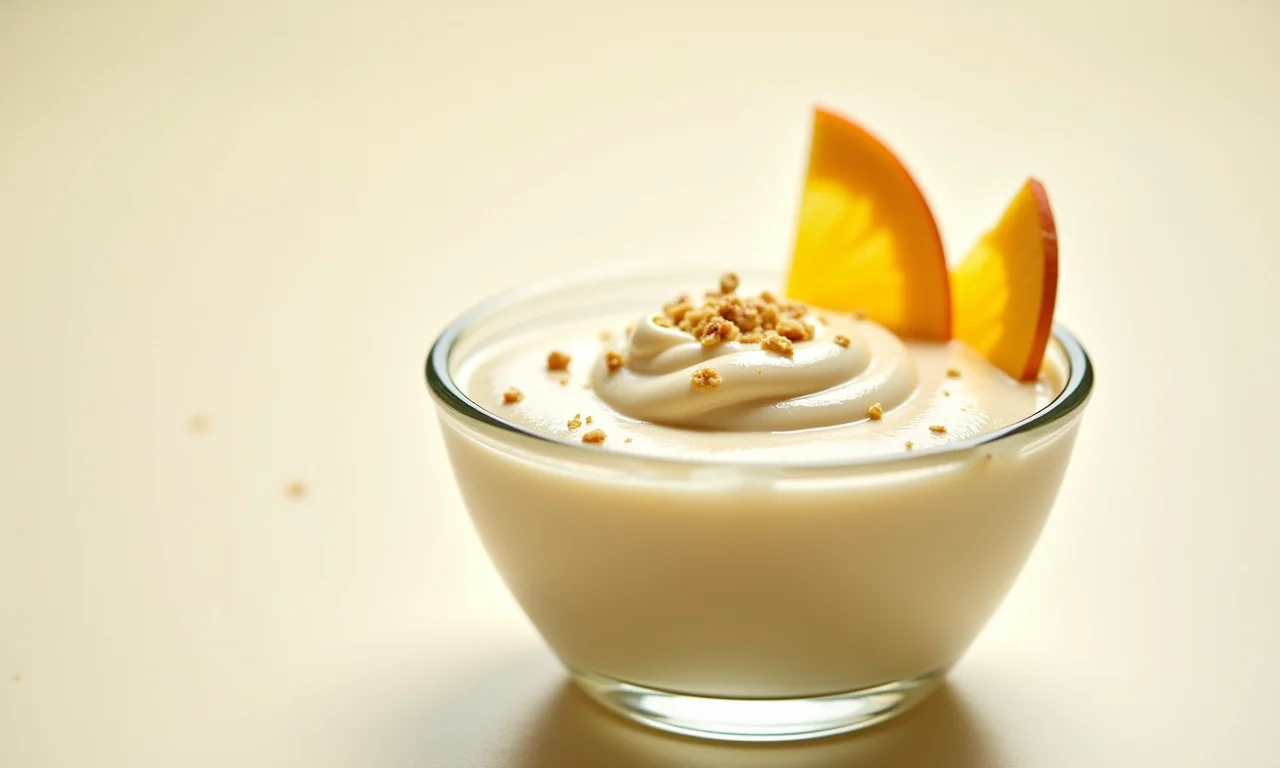 Mousse de cambuci em taça de vidro, decorada com frutas frescas.