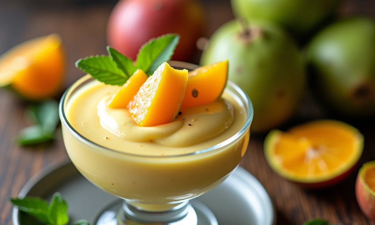 Mousse de graviola decorada com pedaços de fruta e folhas de hortelã.