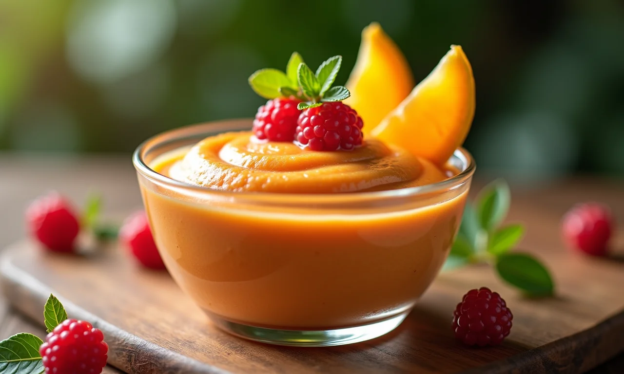 Mousse de ingá em tigela de vidro com decoração Farm Rio.