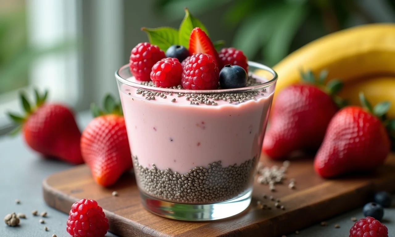 Mousse de juçara com chia em uma tigela de vidro, decorado com frutas frescas e chia.
