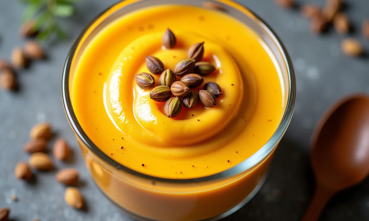 Mousse de maracujá cremoso servido em uma tigela de vidro com sementes.