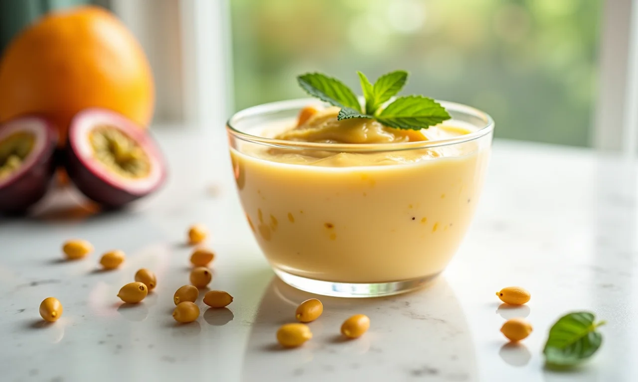 Mousse de maracujá leve e refrescante em tigela de vidro.