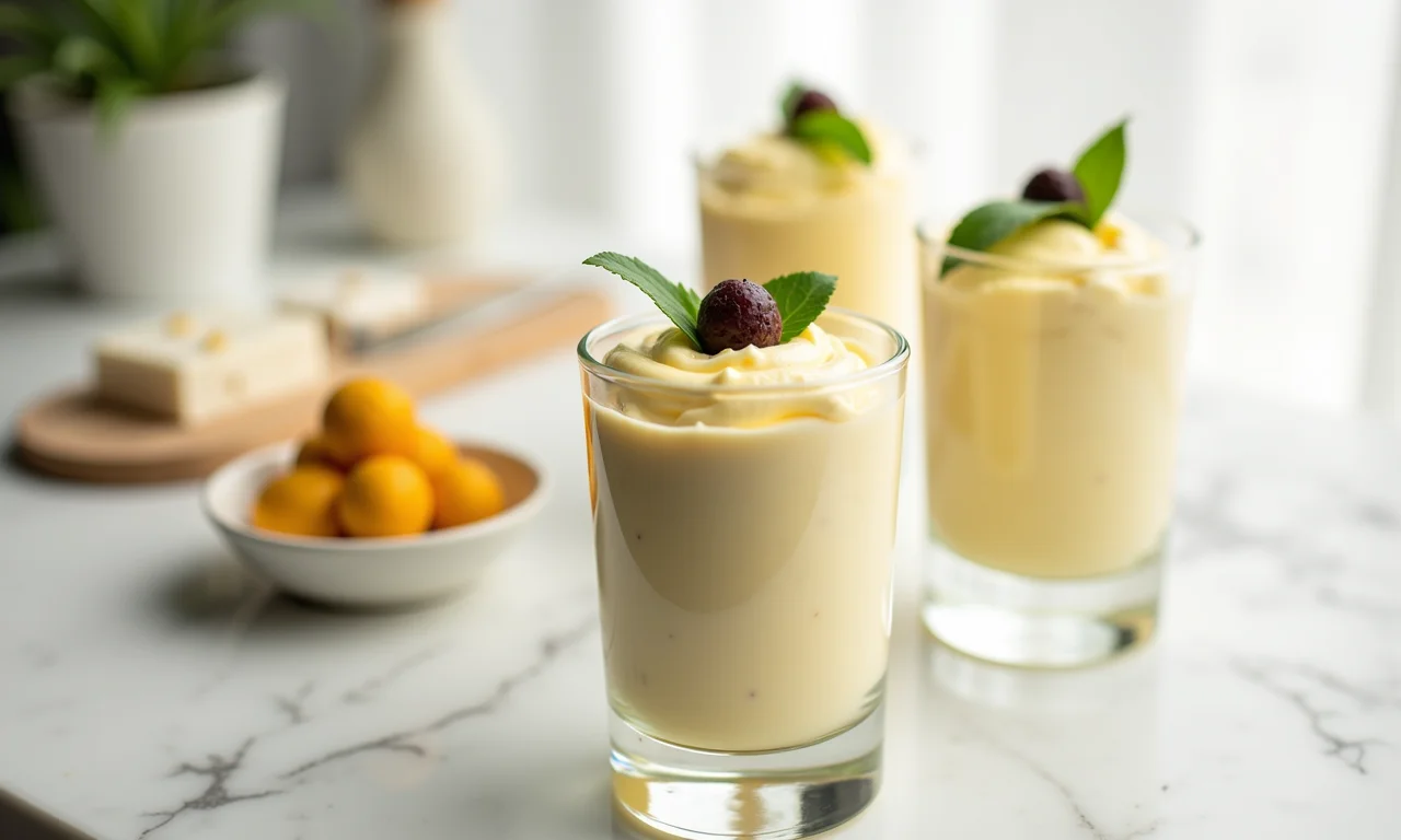 Mousse de murici leve e refrescante em tigela de vidro.