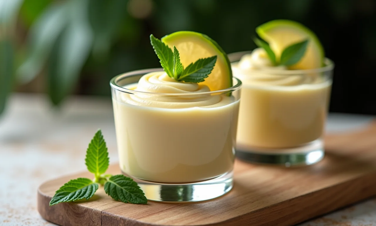 Mousse de sapoti cremoso decorado com hortelã e fatia de sapoti.