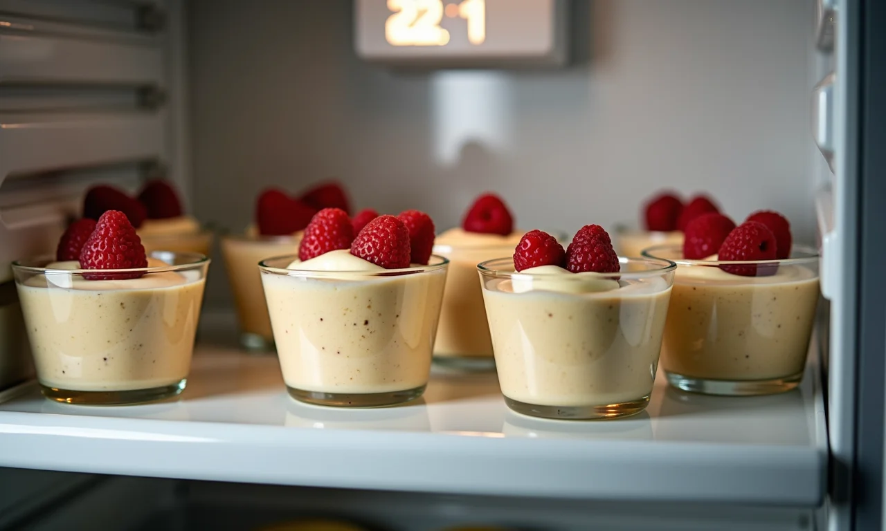 Mousses de ninho em potes na geladeira, aguardando o tempo de refrigeração.