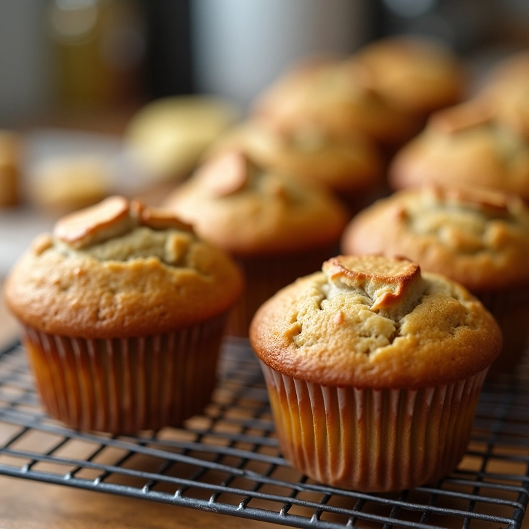 Muffins de banana clássicos esfriando em uma grade, dourados e apetitosos.