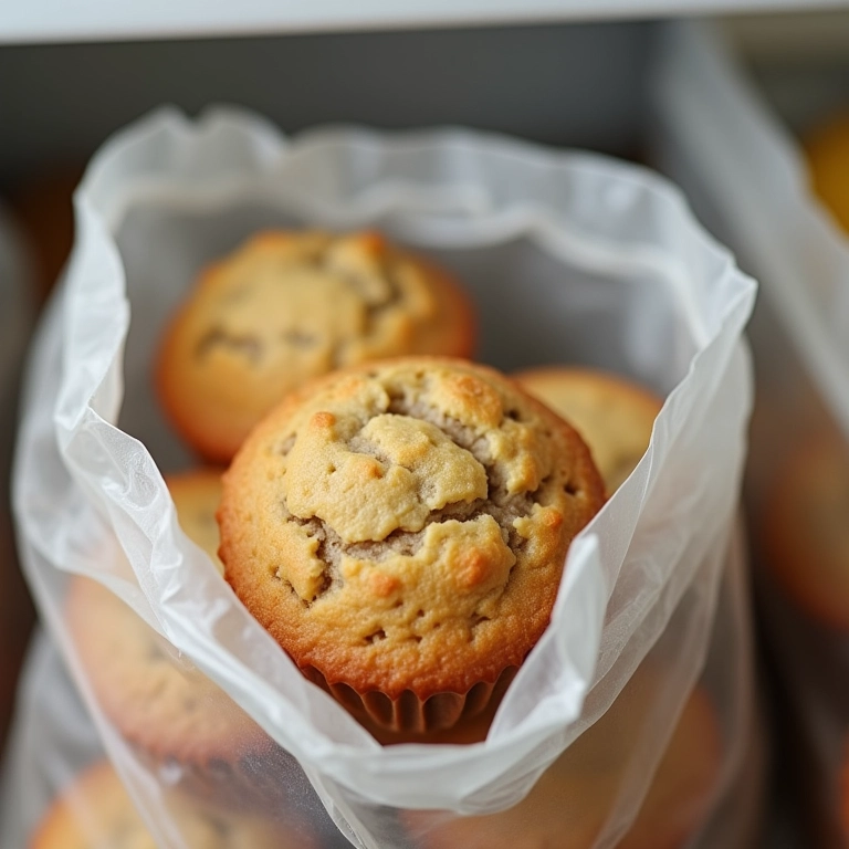 Muffins de banana congelados em saco plástico transparente, freezer organizado.