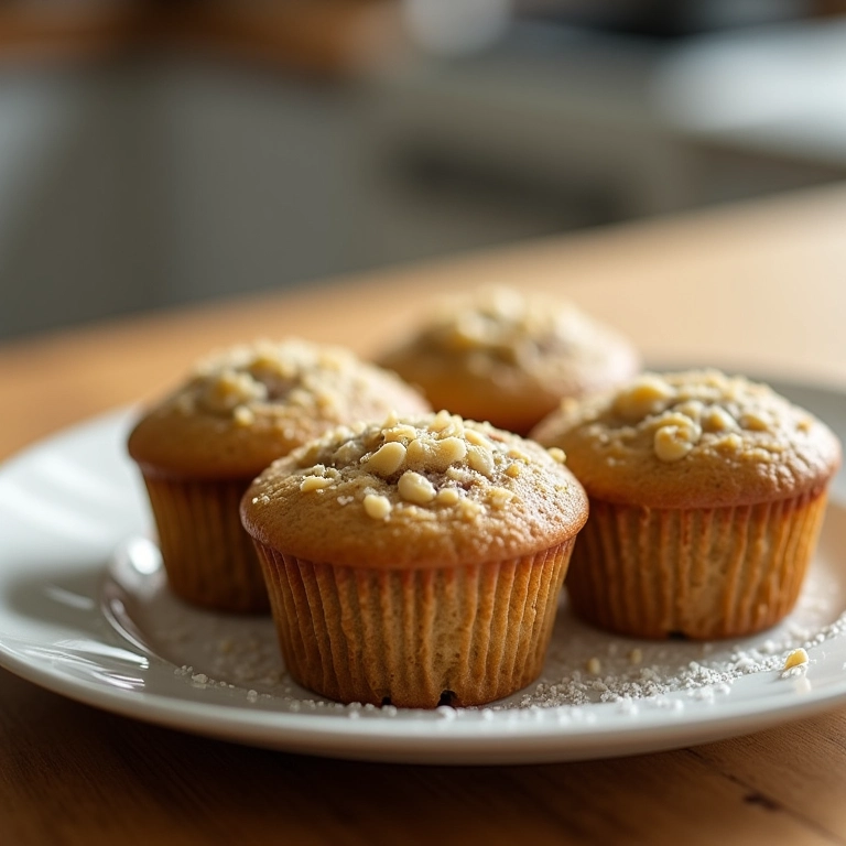 Muffins de banana descongelando em um prato, com condensação visível.