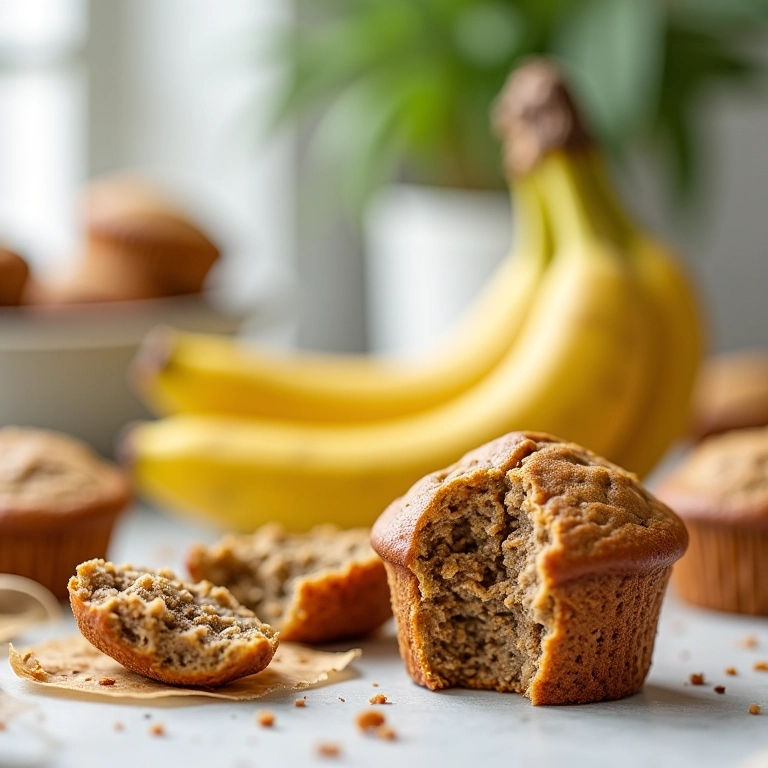 Muffins de banana veganos, com ingredientes à base de plantas em volta, cozinha iluminada.