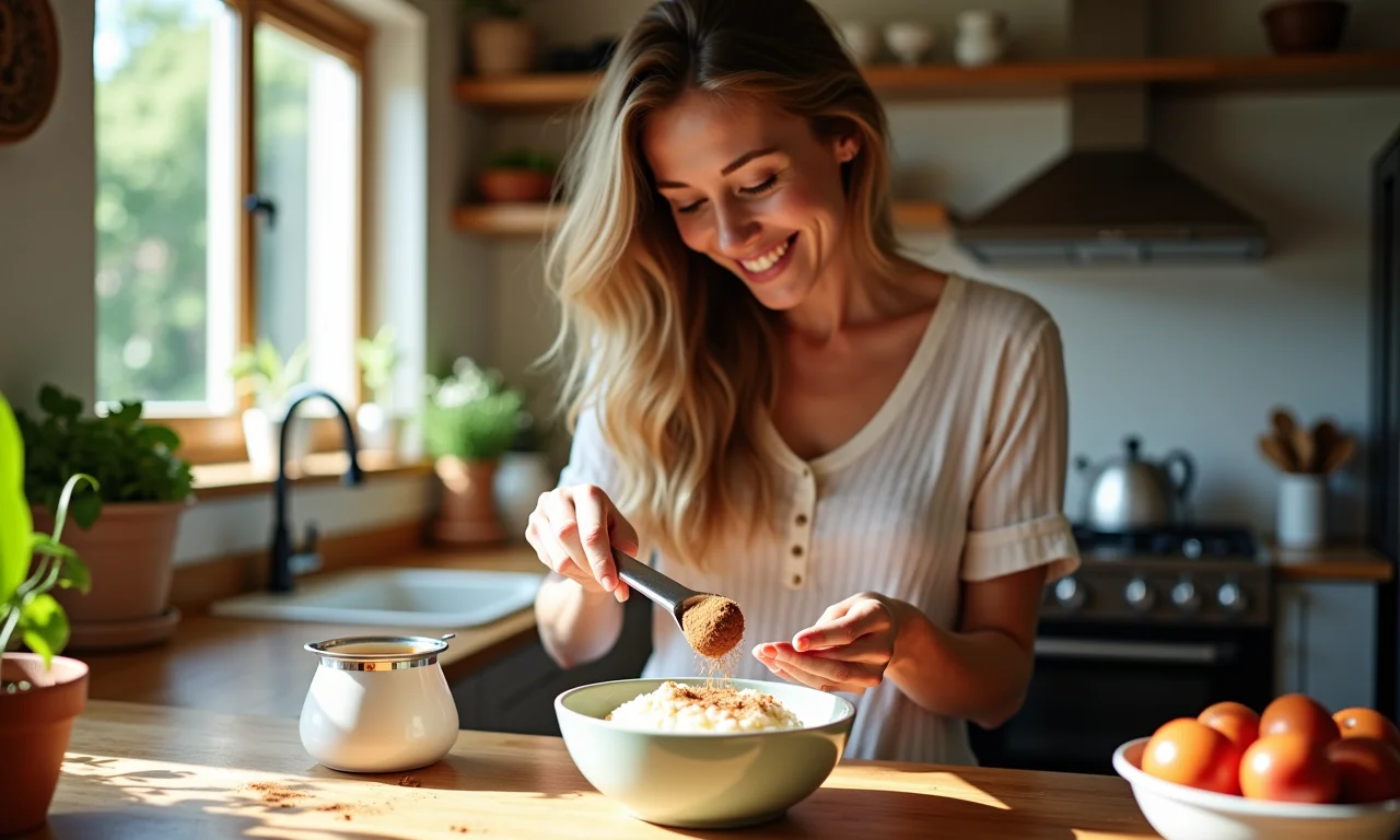 Mulher adicionando canela ao arroz doce na cozinha.