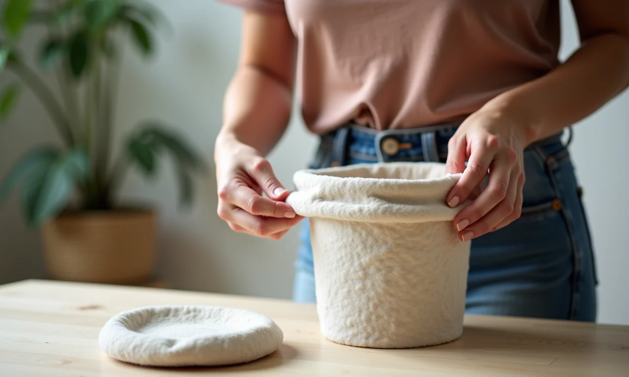 Mulher adicionando capa removível a puff de balde DIY.