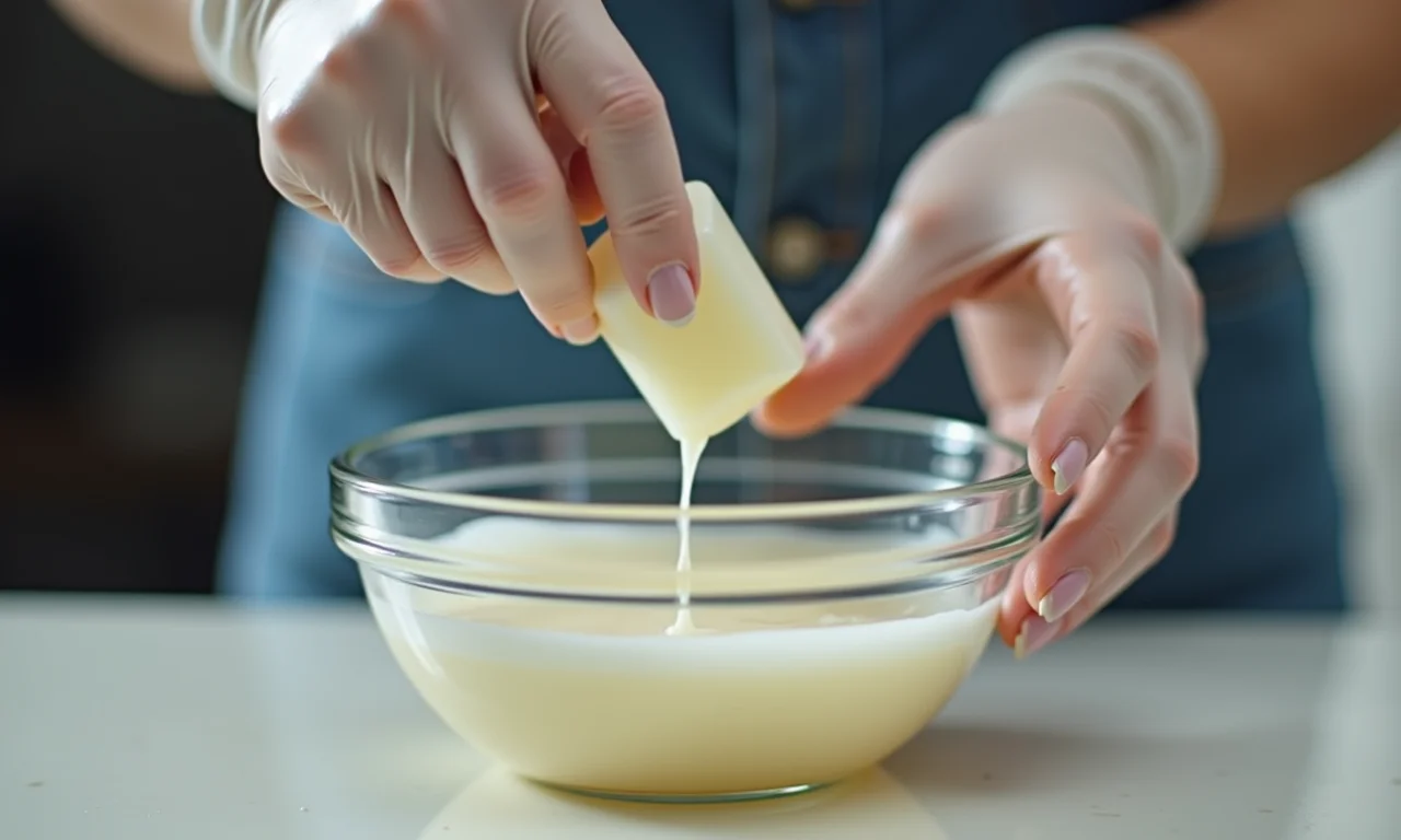 Mulher adicionando glicerina à mistura de sabonete para maior hidratação.