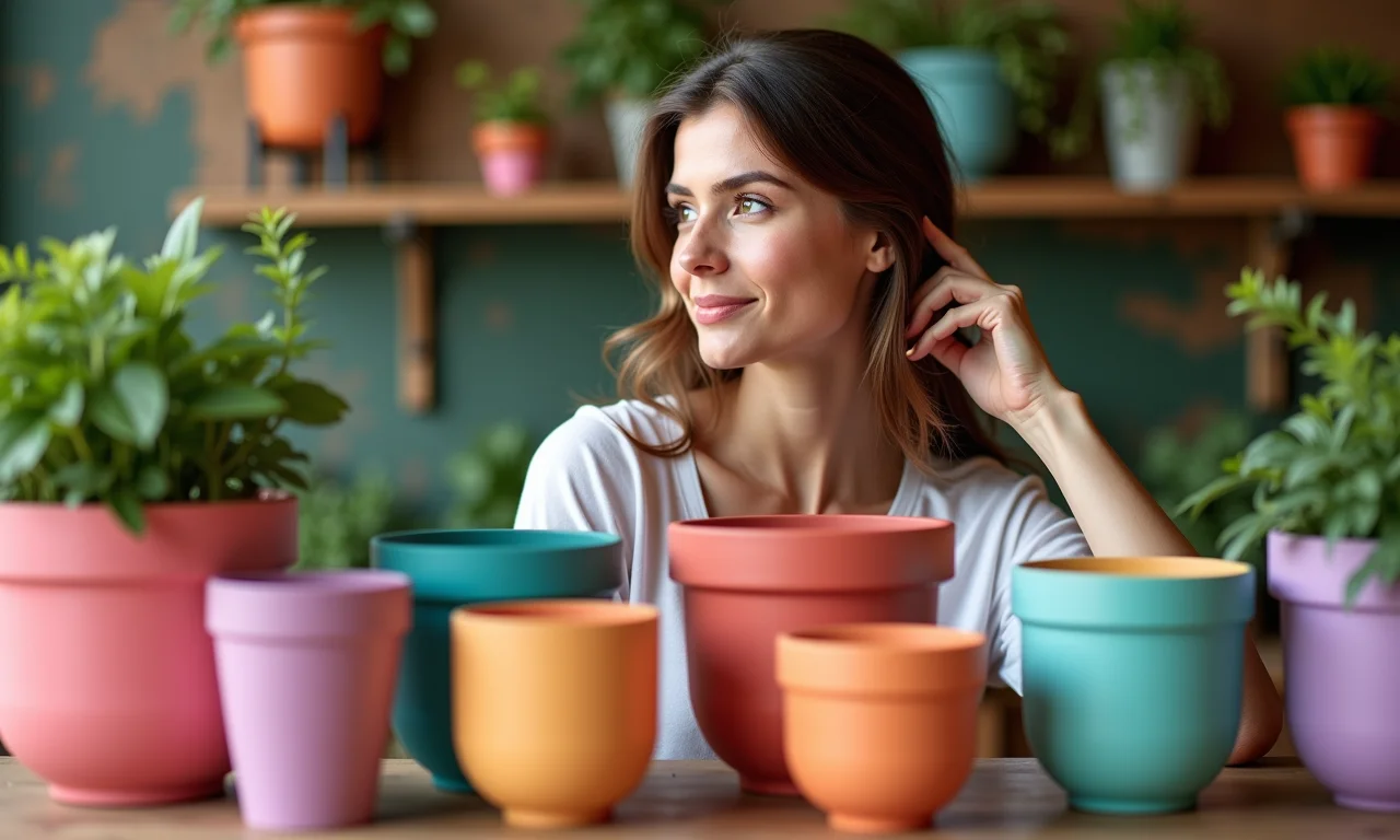 Mulher admirando cachepots de EVA.