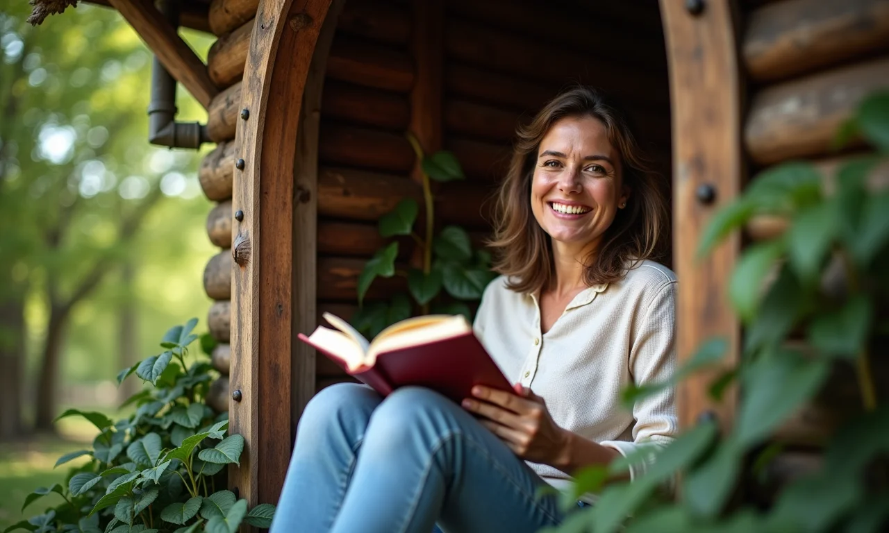 Mulher adulta relaxando em uma casinha na árvore, apreciando a natureza.