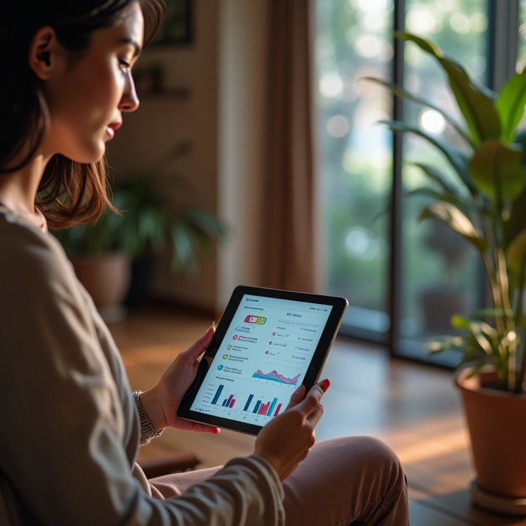 Mulher analisando as métricas do Instagram em um tablet, utilizando uma abordagem orientada por dados.
