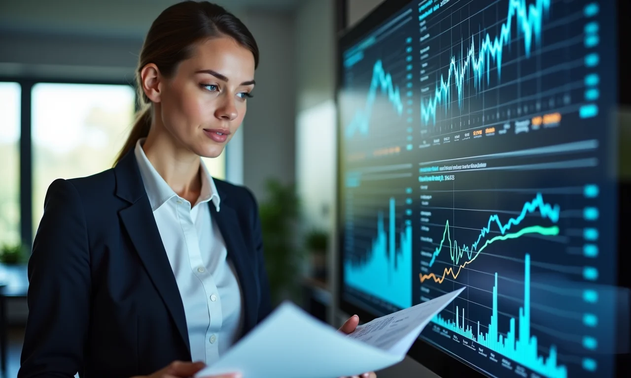 Mulher analisando indicadores financeiros para orçamento.