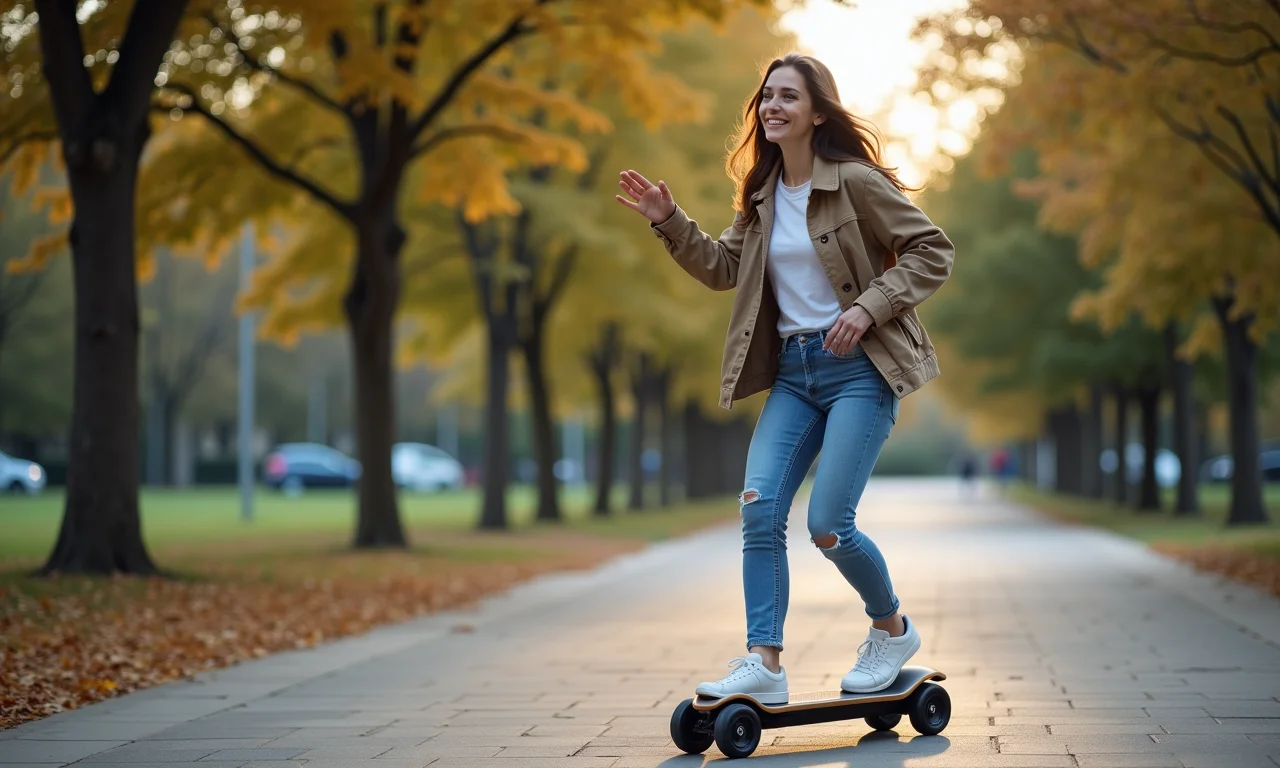 Mulher andando de skate elétrico em parque urbano.