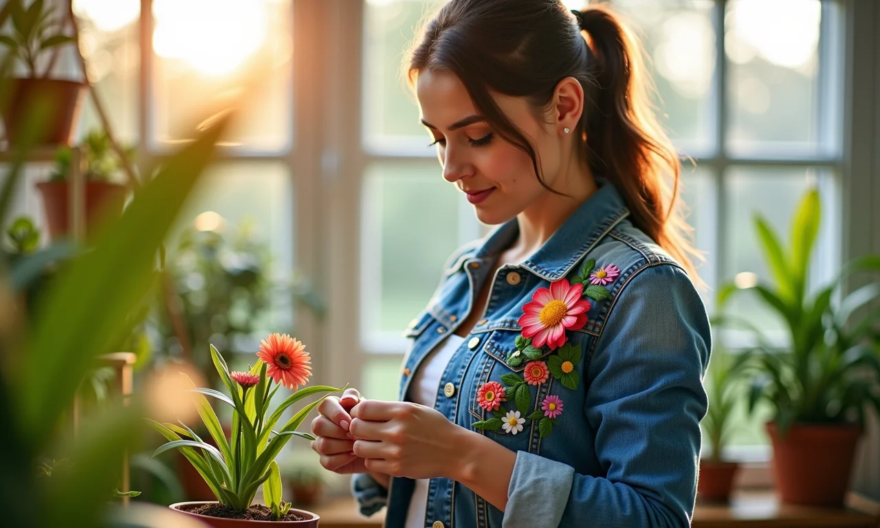 Mulher aplicando apliques florais termocolantes em jaqueta jeans.