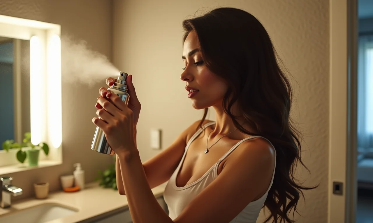 Mulher aplicando fixador de cabelo em seus cabelos escovados em banheiro com decoração brasileira.