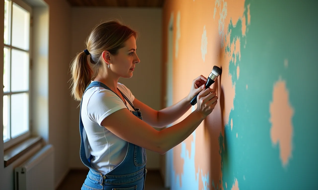 Mulher aplicando grafiato em parede interna, mostrando as vantagens de fazer você mesmo.