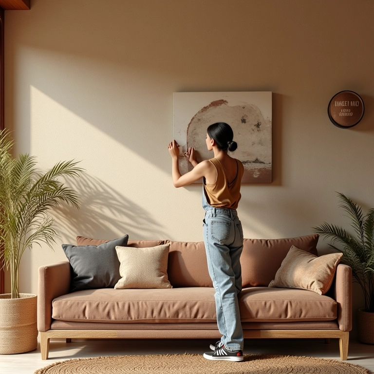 Mulher aplicando papel de parede de tecido texturizado.