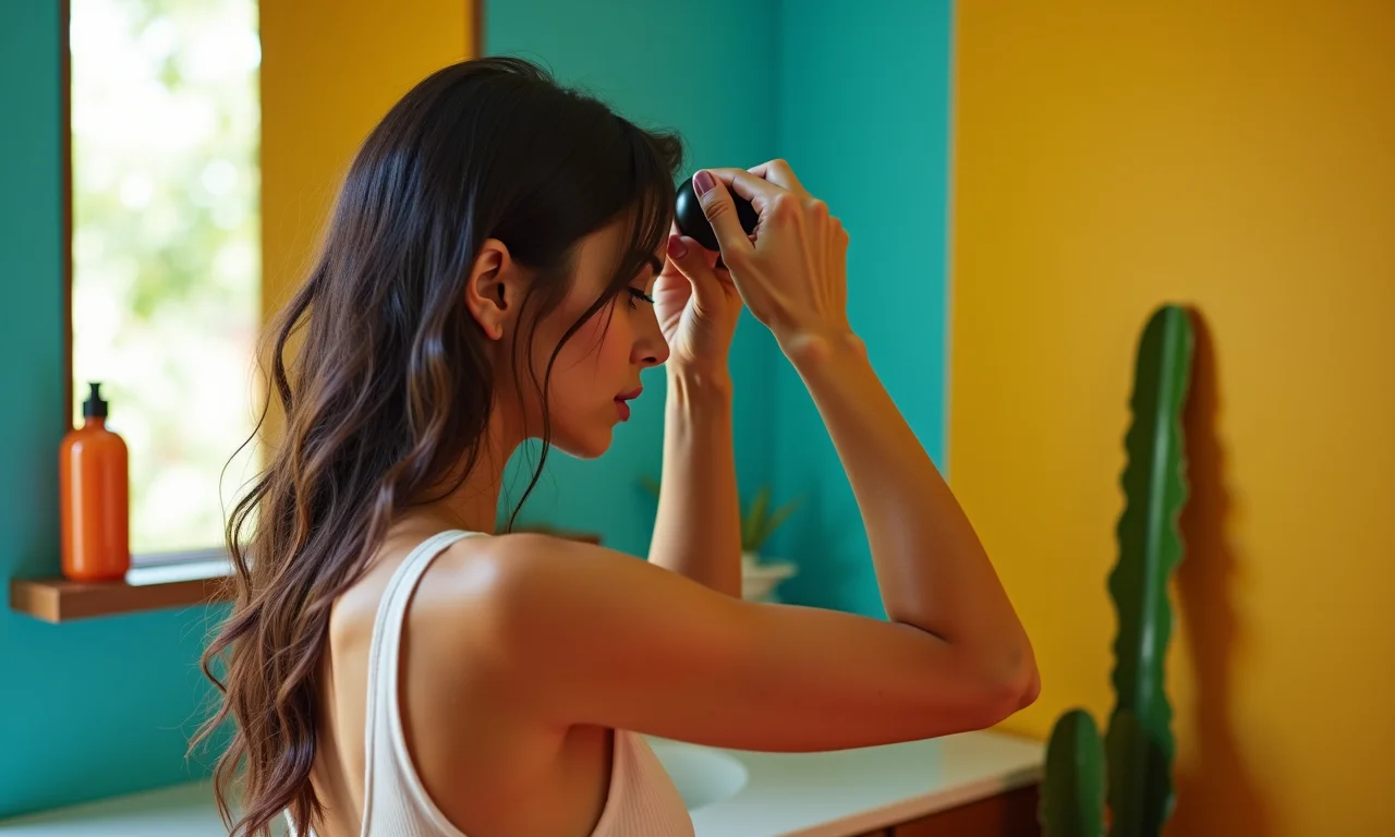 Mulher aplicando protetor térmico nos cabelos úmidos em banheiro colorido.