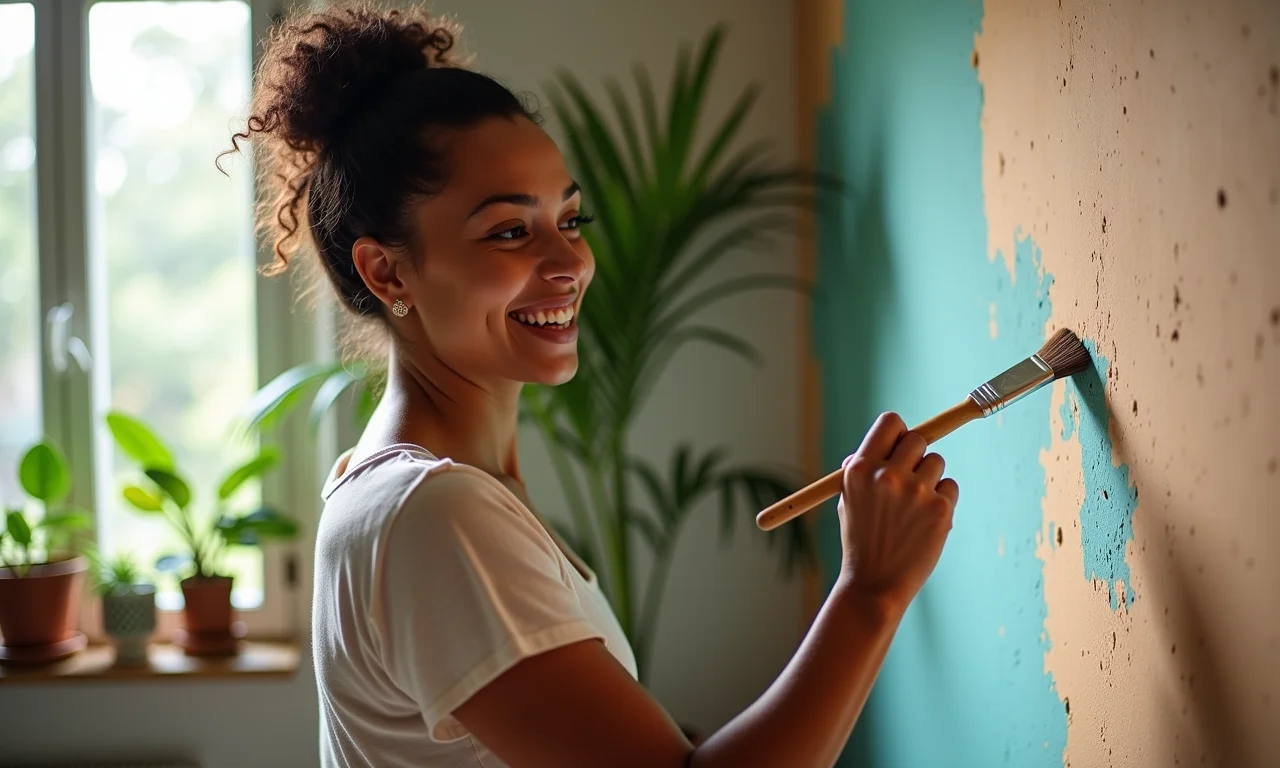 Mulher aplicando tinta lavável caseira em parede com textura.