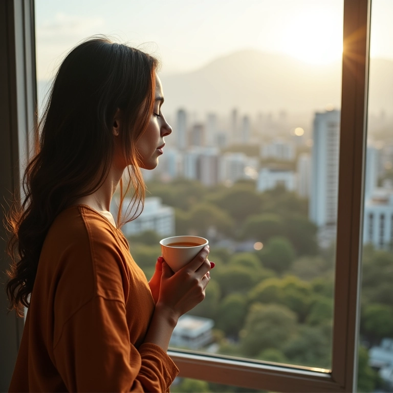 Mulher apreciando uma xícara de chá em sua varanda com vista para a cidade.
