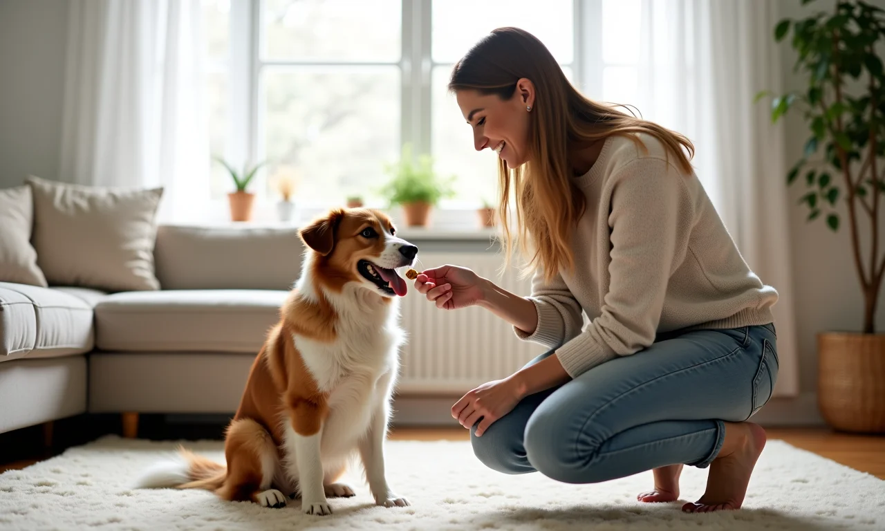 Mulher apresentando casinha nova para cachorro, reforço positivo.