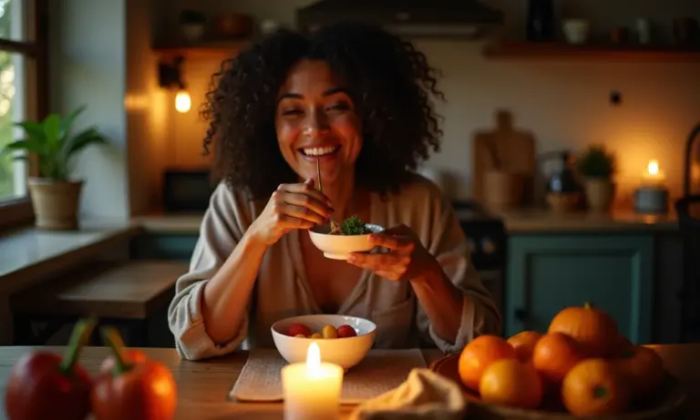 Mulher aproveitando lanches saudáveis à noite em cozinha aconchegante.