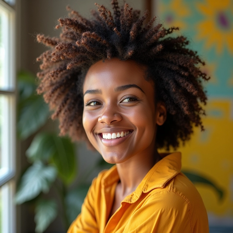 Mulher atraente atualizando seu perfil do Instagram, com foto profissional e bio clara.