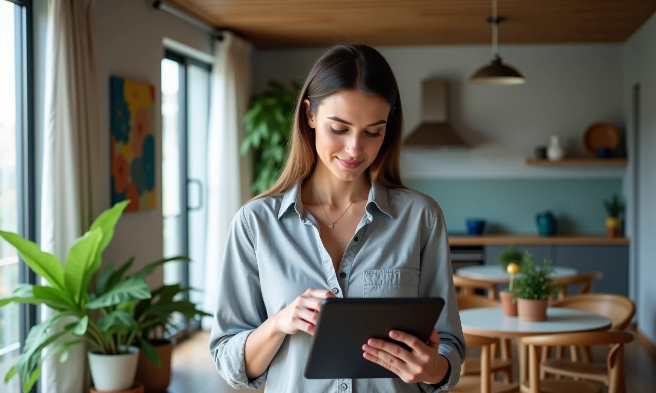 Mulher atualiza currículo facilmente em tablet.