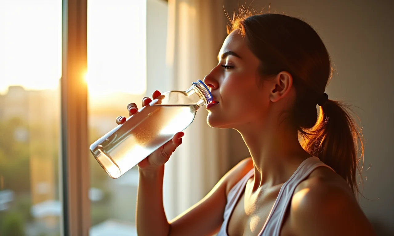 Mulher bebendo água em sala ensolarada no Brasil.