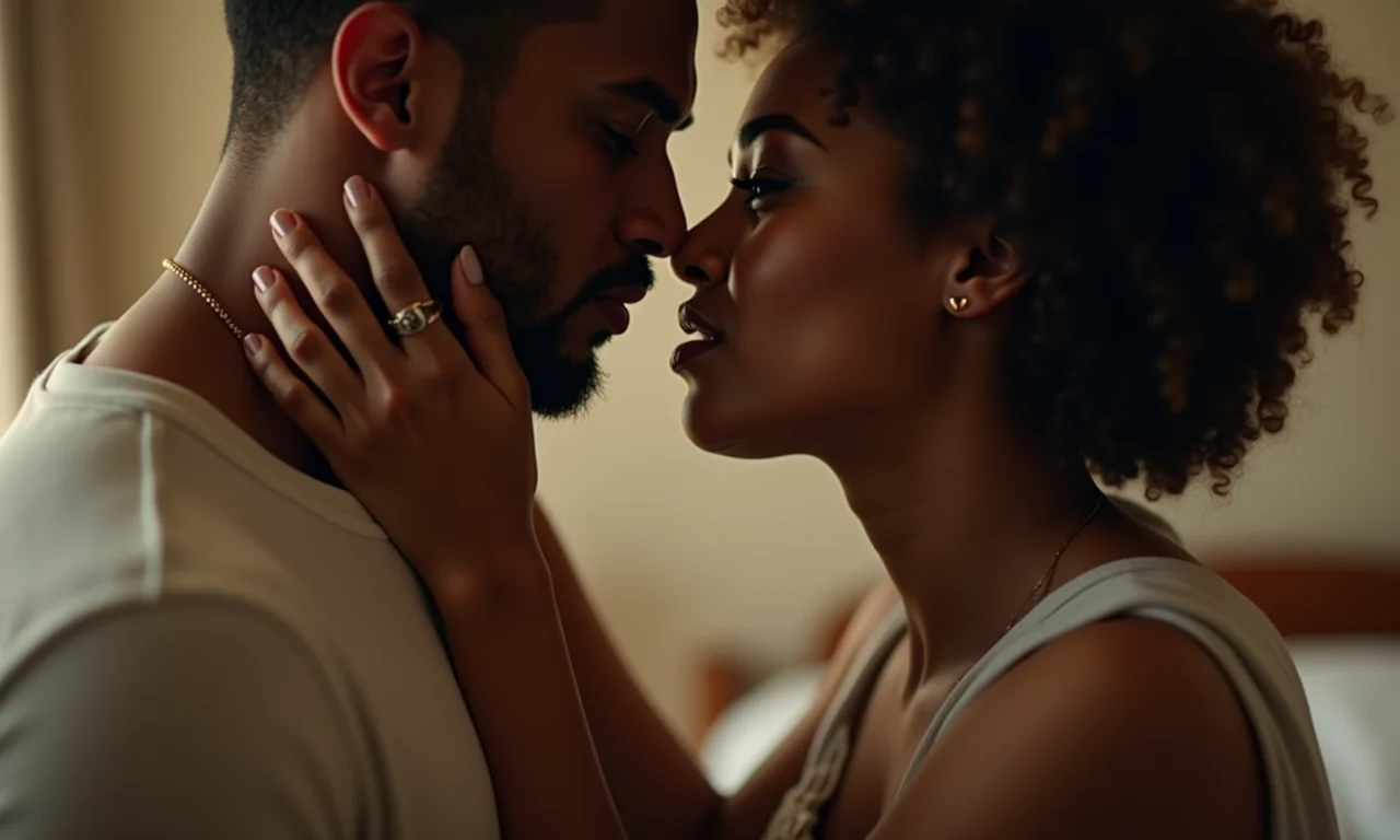 Mulher beijando suavemente o pescoço do homem.